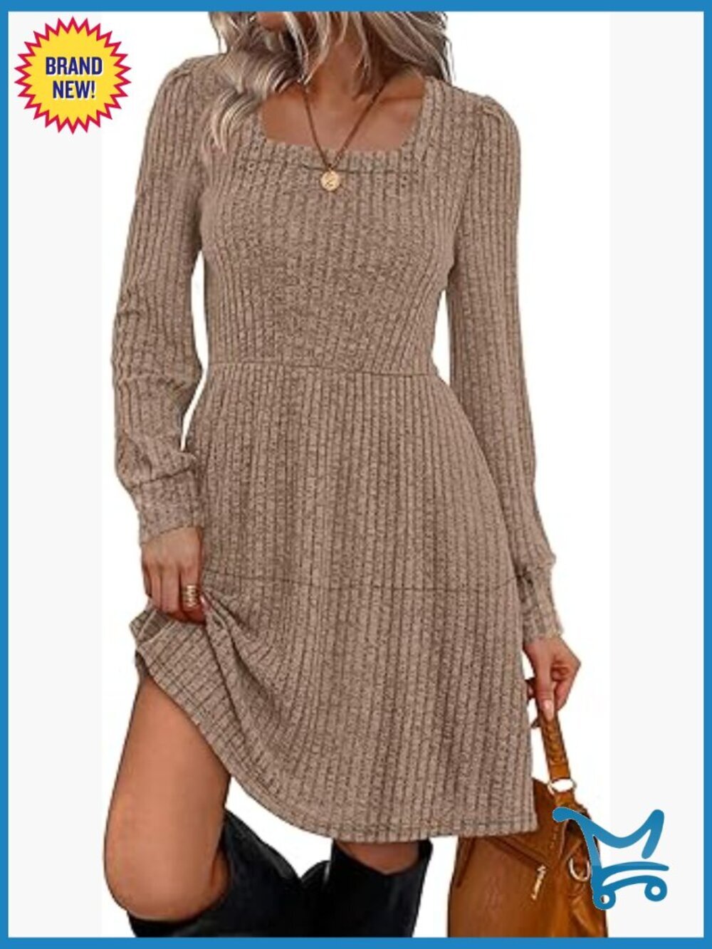 Square Neck Long Sleeve Babydoll Sweater Dress Casual Fall